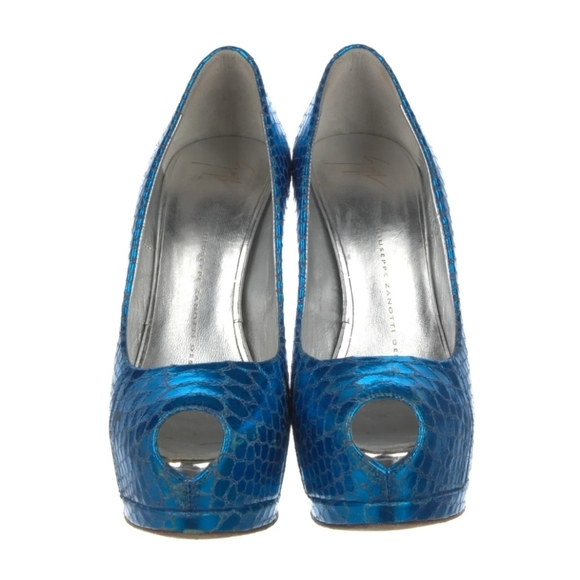 Guiseppe Zanotti Blue Leather Platform Peeptoe Crystals on heels sz 36.5EU - Picture 4 of 6